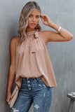 Blush Pink Sleeveless Tie Mock Neck Leopard Tank Top