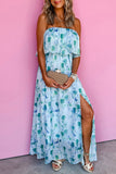 Floral Print Ruffled Side Slit Tube Top Maxi Dress