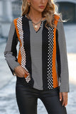 Geo Print Colorblock Notched V Neck Blouse