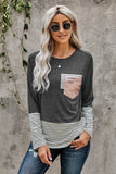 Stripe Pocket Sequins Splicing Long Sleeve O-neck Top