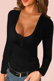 U Neck Button Knit Long Sleeve Top