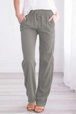 Drawstring Elastic Waist Pockets Long Straight Legs Pants