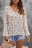 Floral Print Drawstring Long Bell Sleeve Blouse