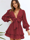 Deep V Neck Lantern Sleeve Knotted Tiered Mini Dress