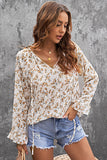 Floral Print Drawstring Long Bell Sleeve Blouse